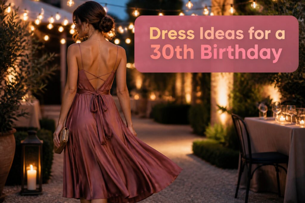 A variety of dresses displayed for a 30th birthday celebration.