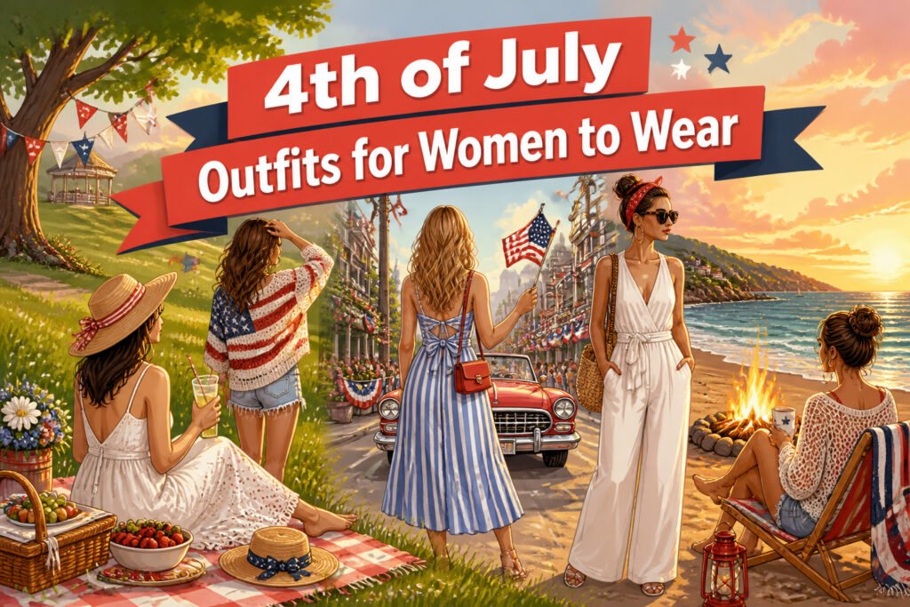 Various women's outfits suitable for 4th of July celebrations.