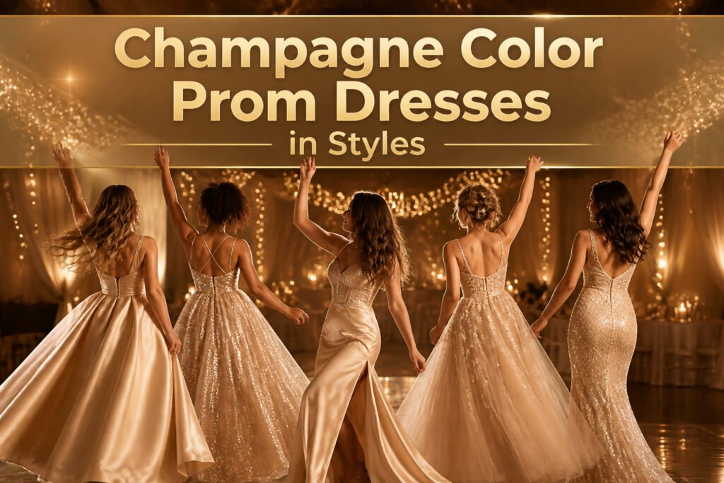 Display of various styles of champagne color prom dresses for 2026.
