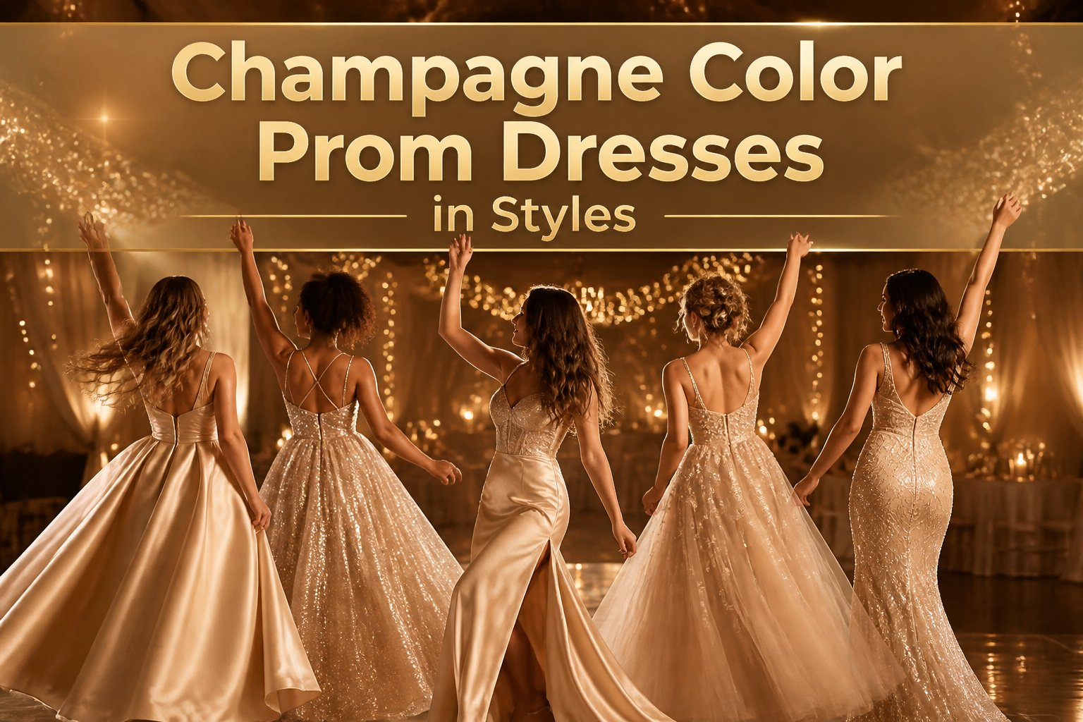 Display of various styles of champagne color prom dresses for 2026.