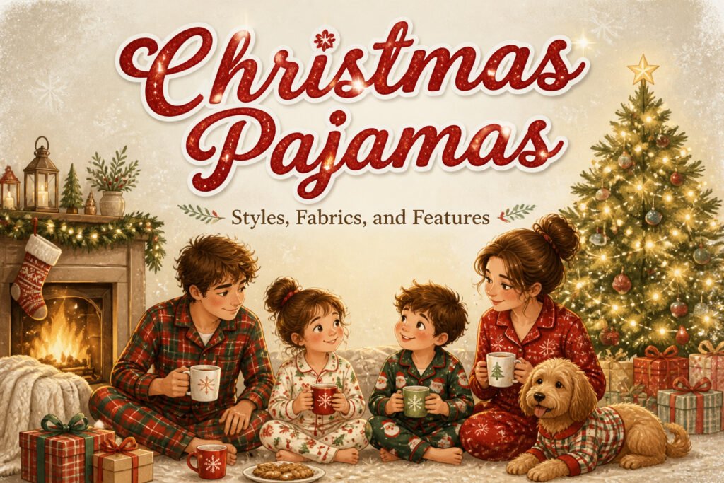 Family matching pajamas in festive prints displayed in a cozy living room.