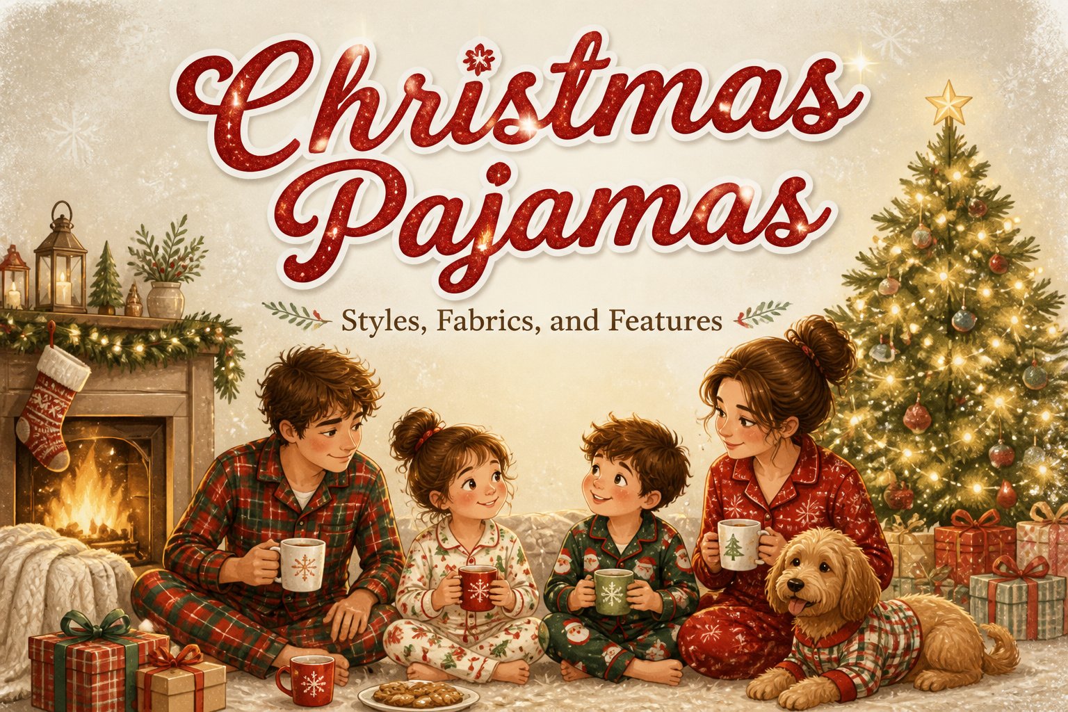 Family matching pajamas in festive prints displayed in a cozy living room.