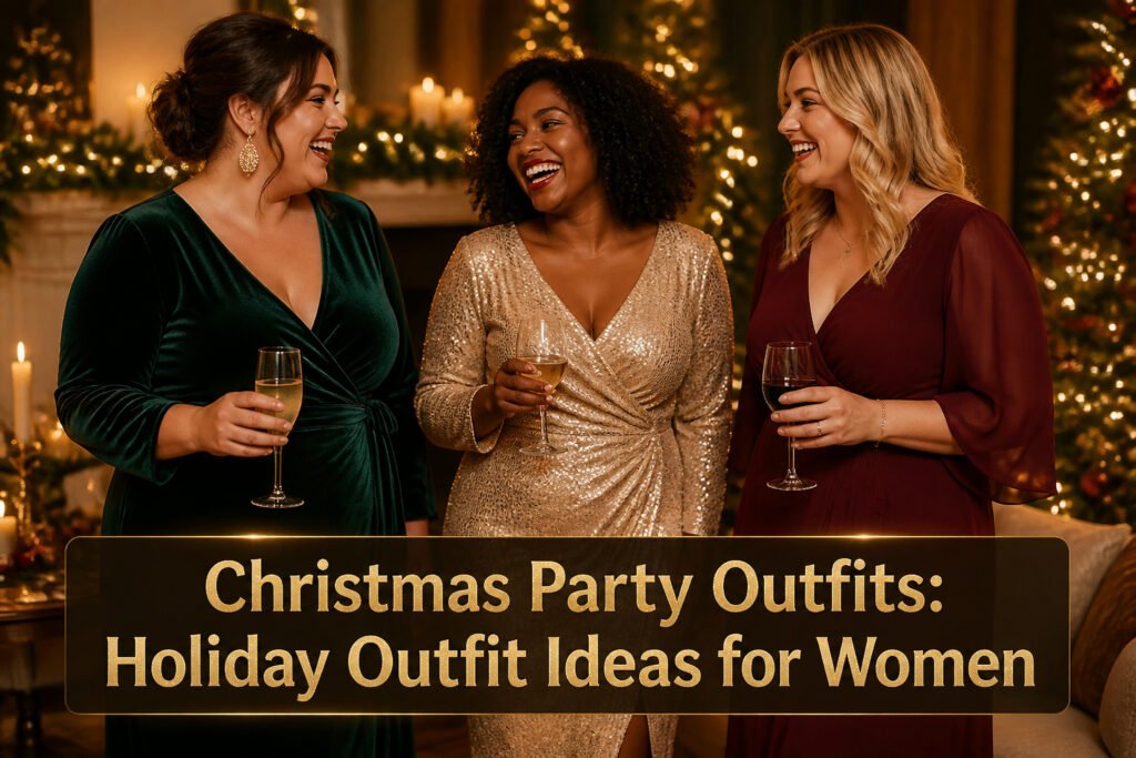 A woman in a velvet top and tailored trousers in a festive setting.