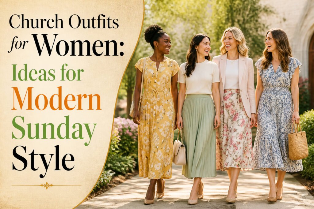 Various church outfits for women displayed on mannequins and hangers.