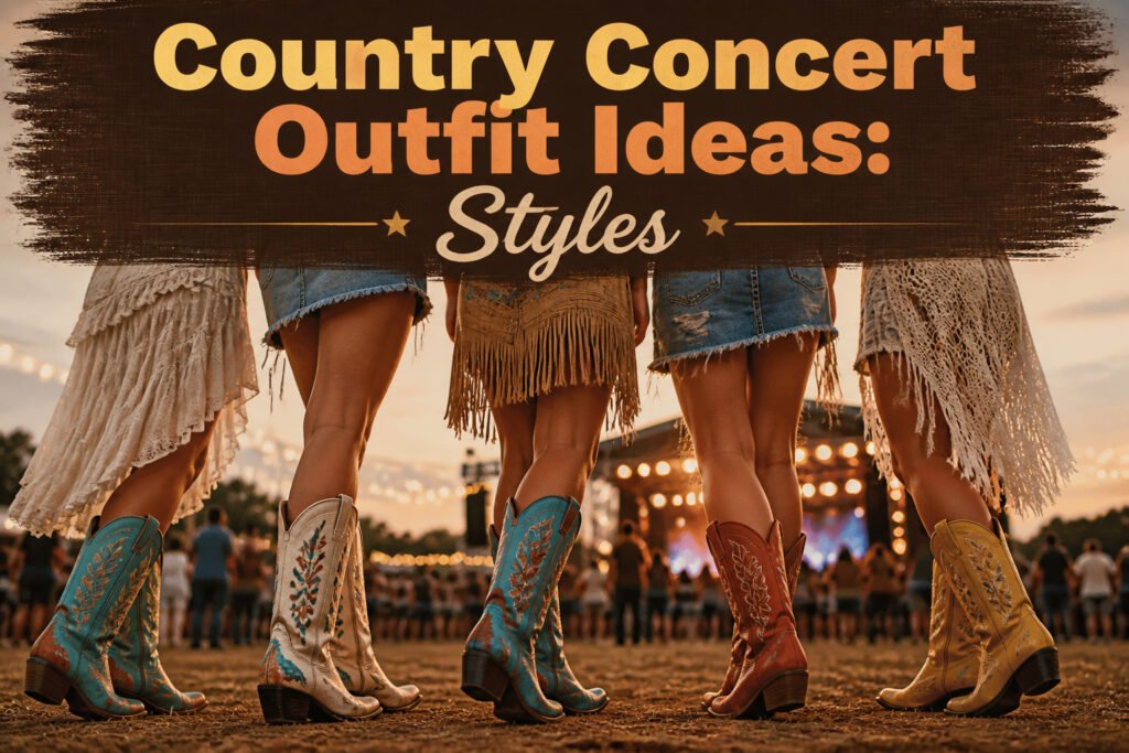 A display of various country concert outfit ideas including dresses, jeans, and boots.