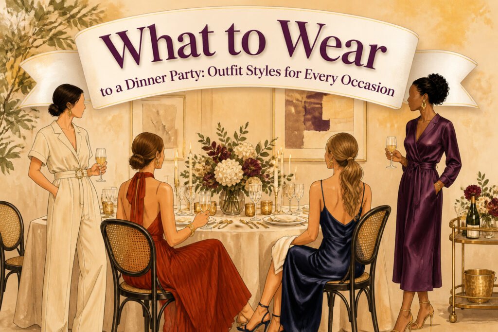 A model wearing a blazer, blouse, and trousers in a dining area.