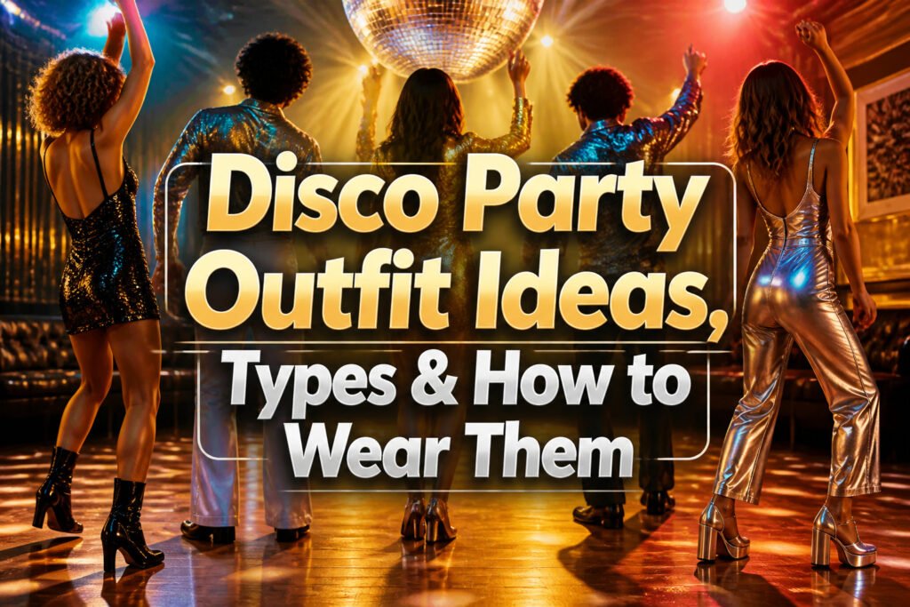 A colorful disco outfit with sequins, metallics, and playful accessories.