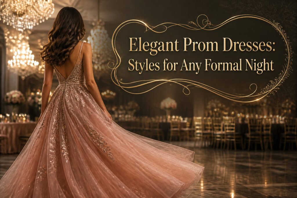 Various elegant prom dresses in different styles and colors displayed together.