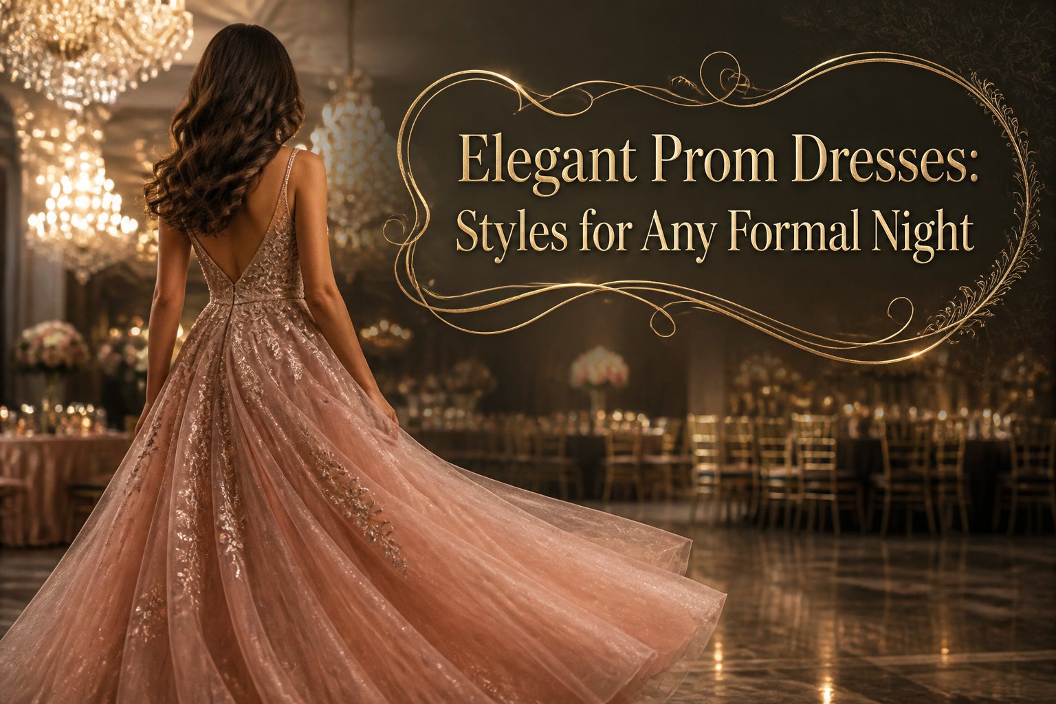 Various elegant prom dresses in different styles and colors displayed together.