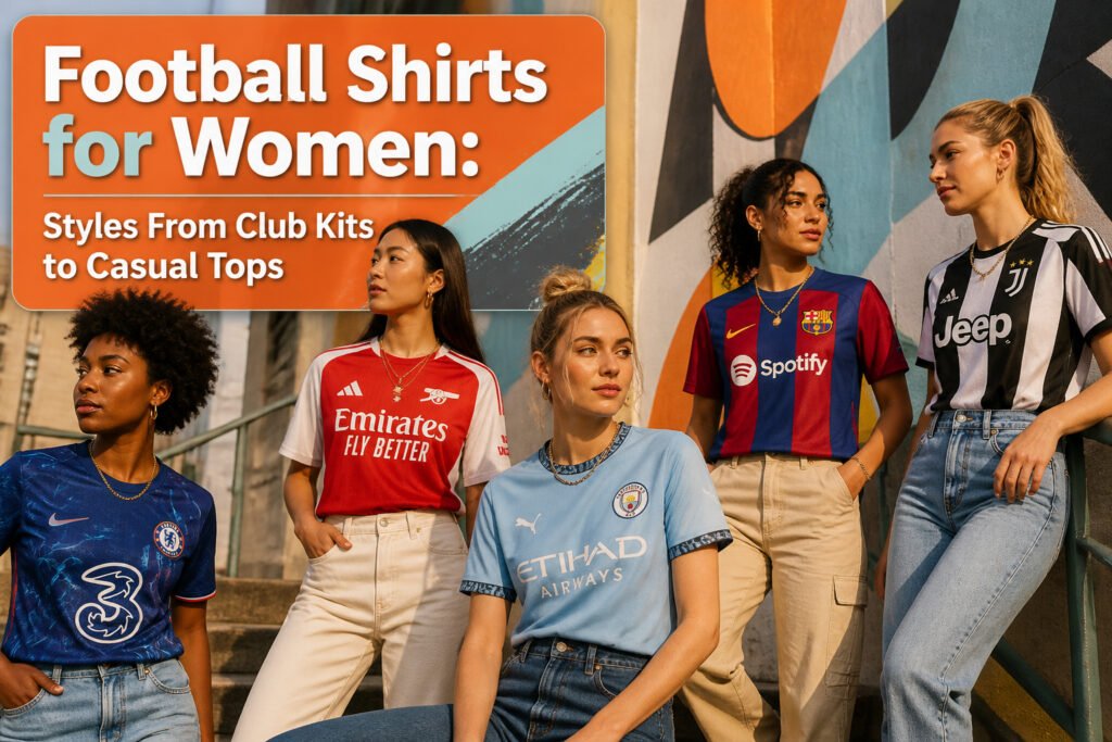 A variety of women's football shirts displayed in different colors and designs.