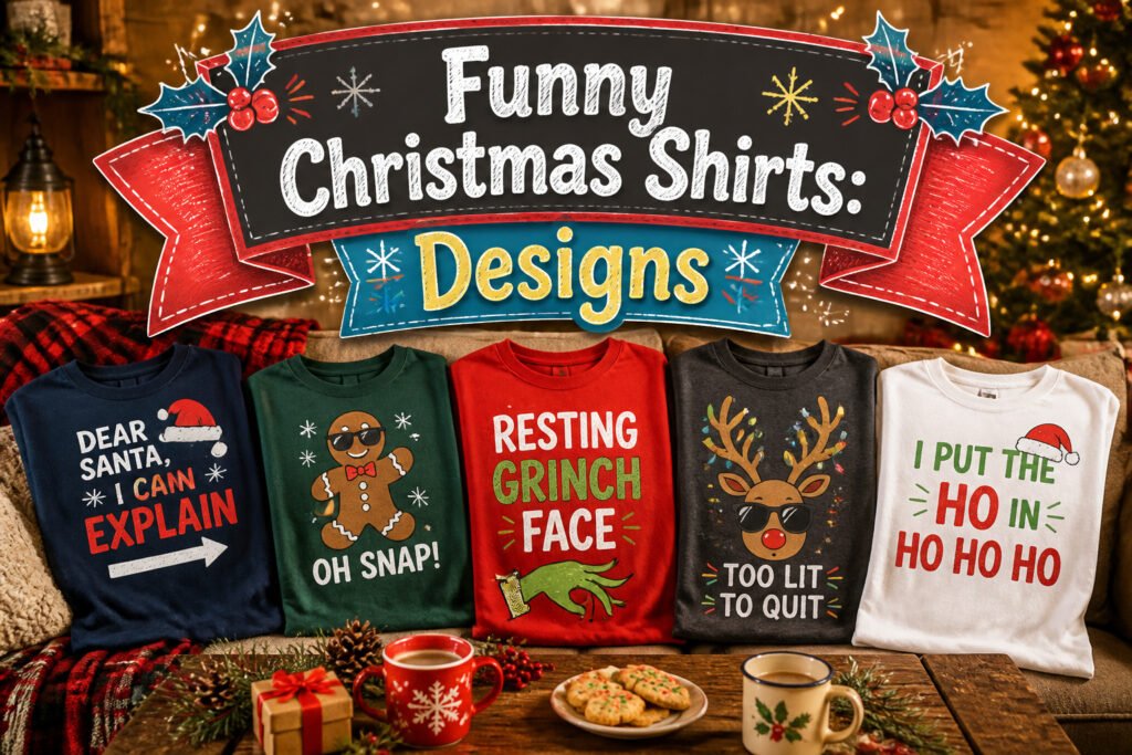A variety of funny Christmas shirts displayed together.