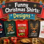 A variety of funny Christmas shirts displayed together.