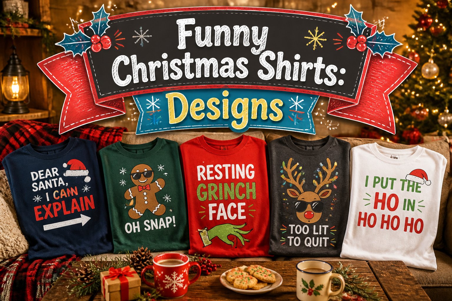 A variety of funny Christmas shirts displayed together.