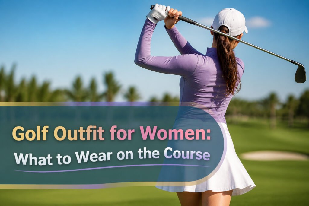 A variety of women's golf outfits displayed together in a stylish arrangement.
