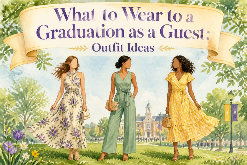 Various outfits suitable for graduation guests displayed together.
