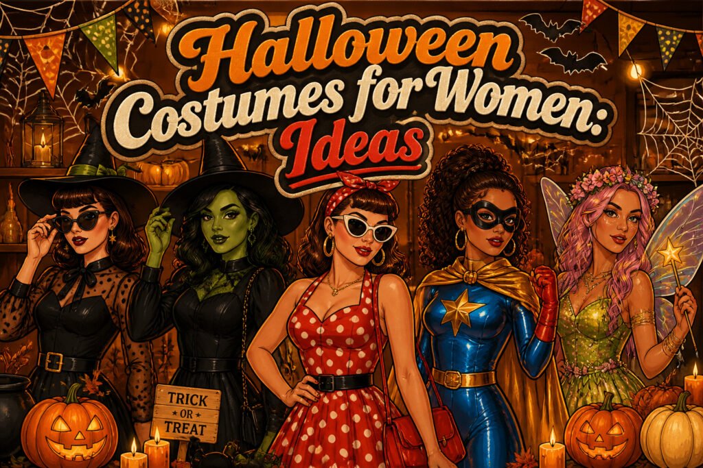 Various Halloween costumes for women displayed together.