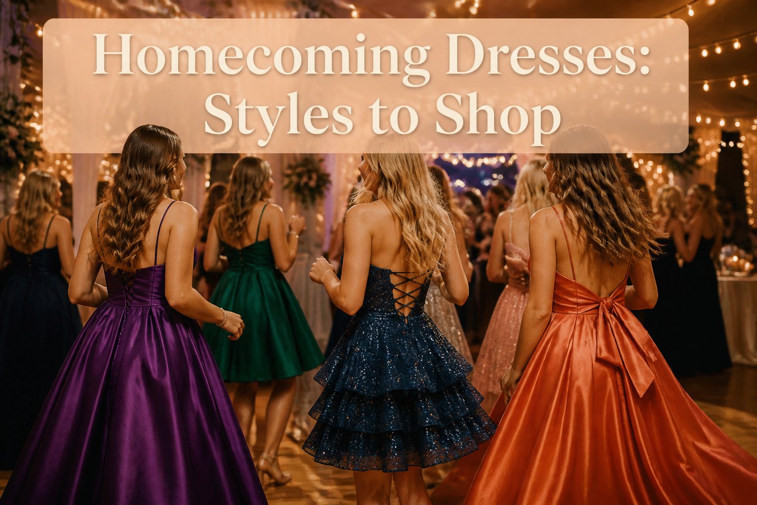 Various homecoming dresses displayed together in a visually appealing arrangement.