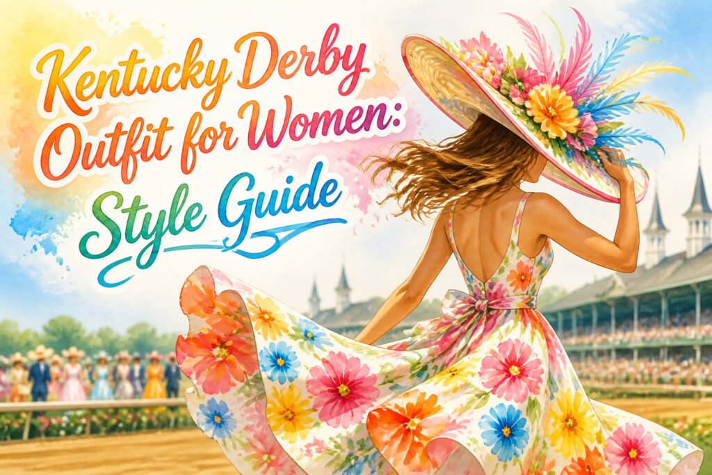 Woman wearing a floral dress and hat at the Kentucky Derby.