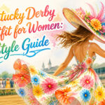 Woman wearing a floral dress and hat at the Kentucky Derby.