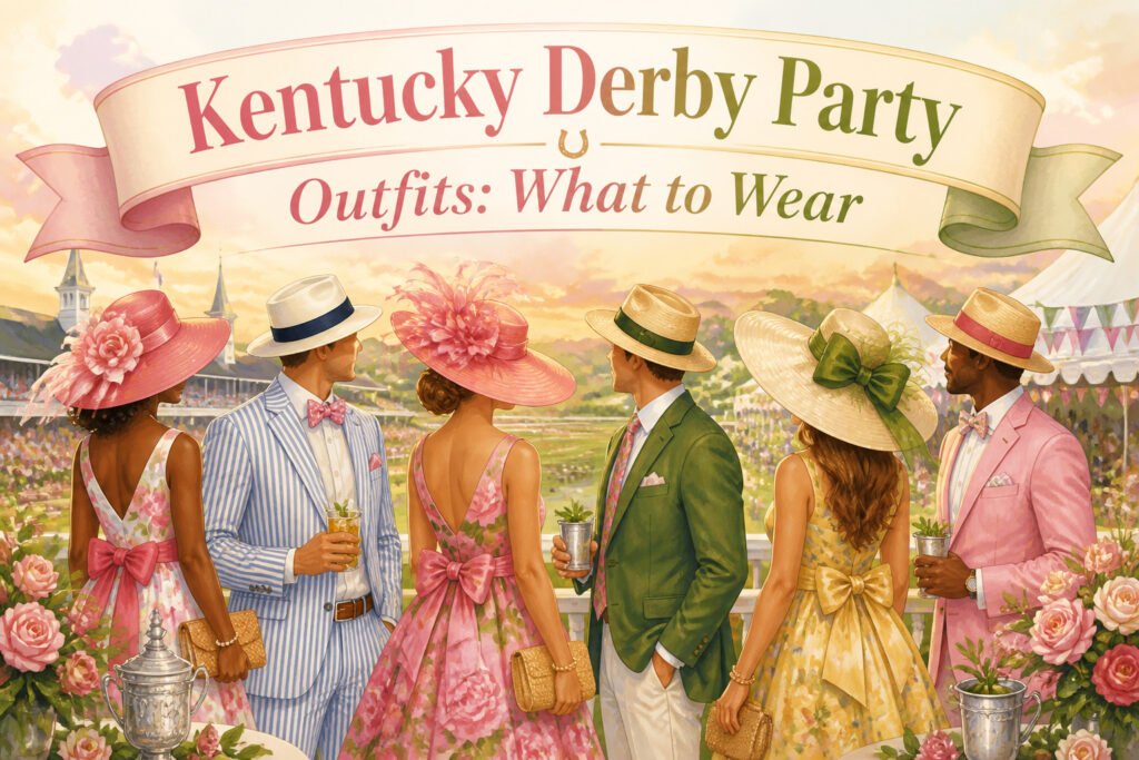 An assortment of colorful Kentucky Derby outfits displayed together.