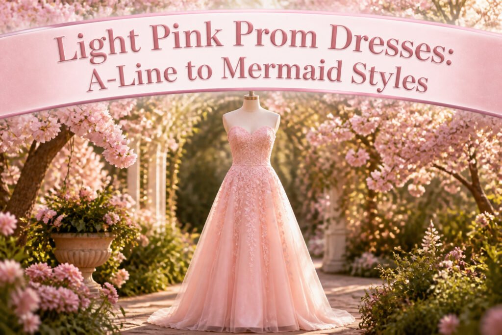 Different styles of light pink prom dresses displayed together.