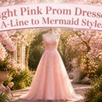 Different styles of light pink prom dresses displayed together.