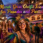 A collage of various colorful Mardi Gras outfits and accessories.