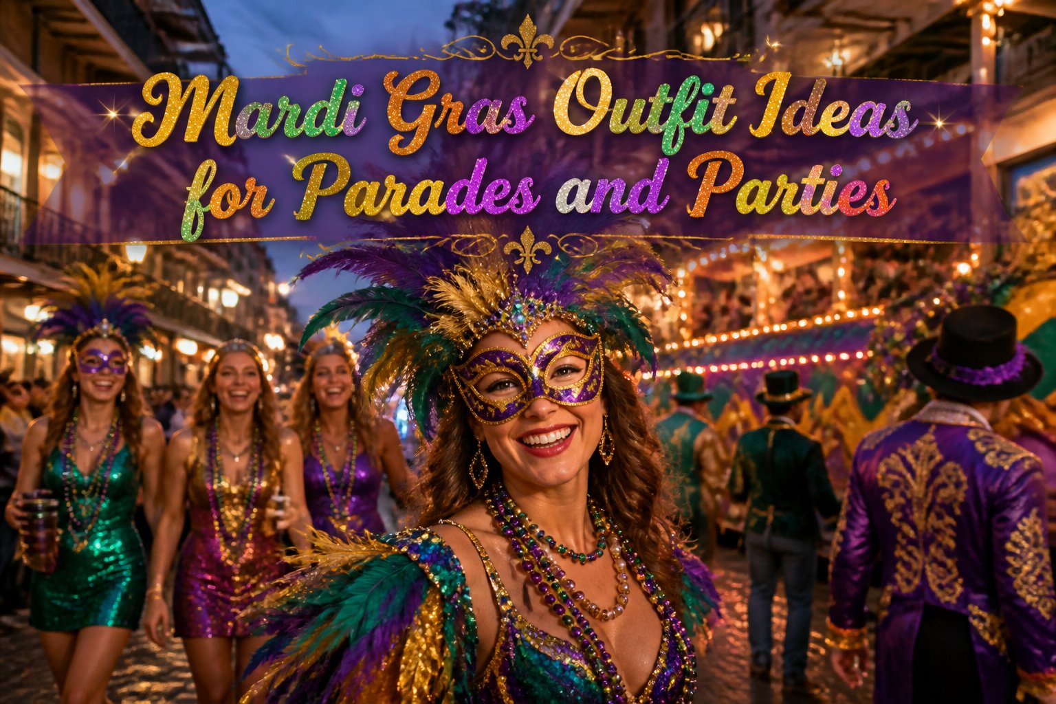 A collage of various colorful Mardi Gras outfits and accessories.