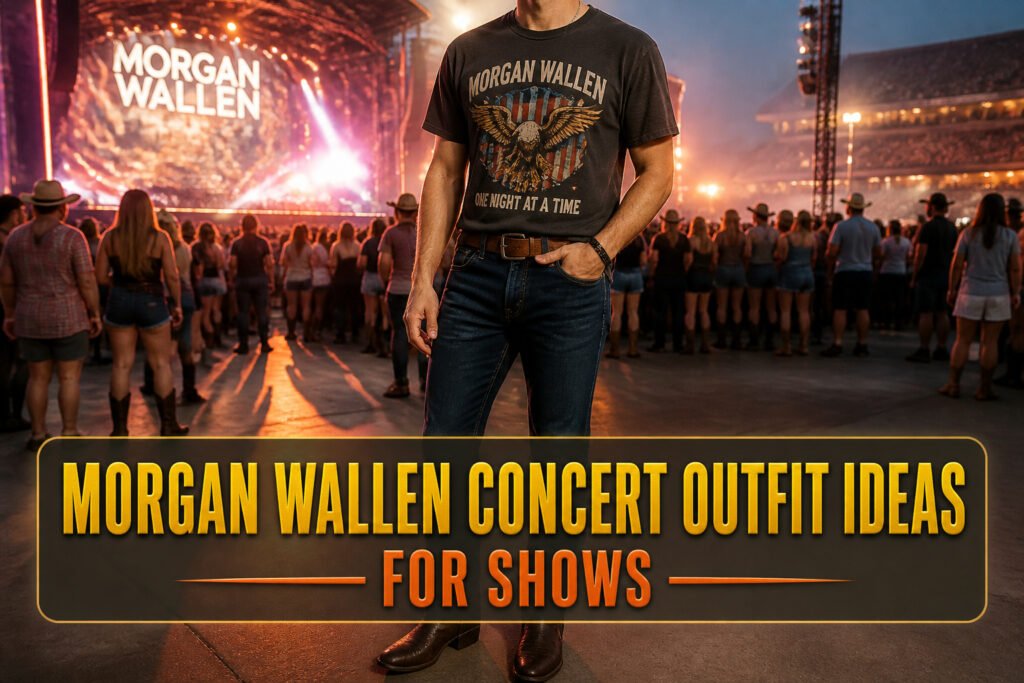 Various concert outfits laid out, featuring cowboy boots and denim.