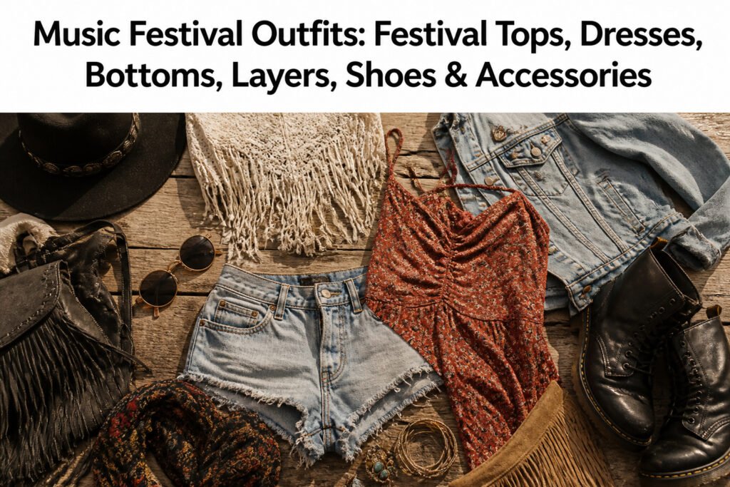 Various festival outfits displayed with colorful tops, bottoms, and accessories.