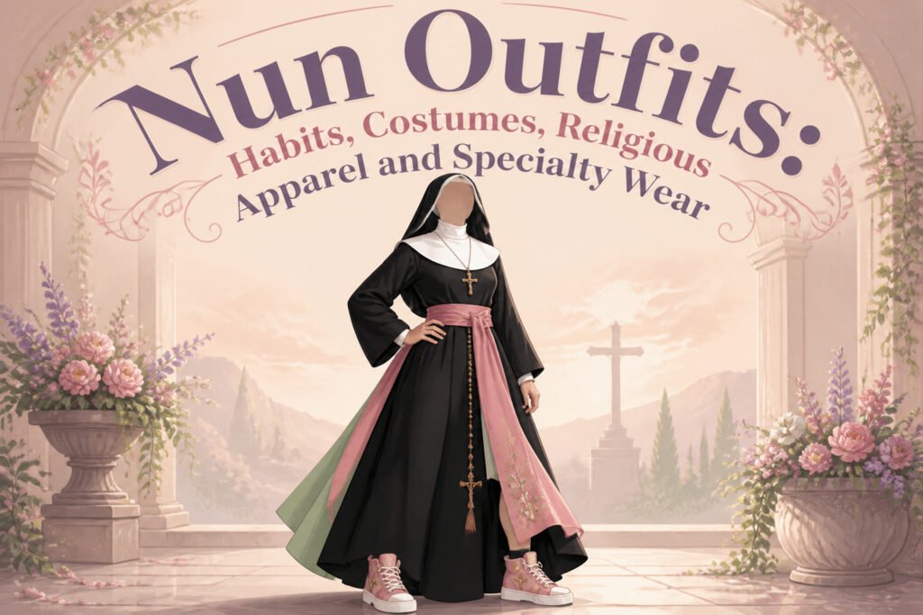 Various nun outfits including traditional habits and themed costumes.