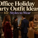 An elegant holiday party outfit displayed in an office setting.