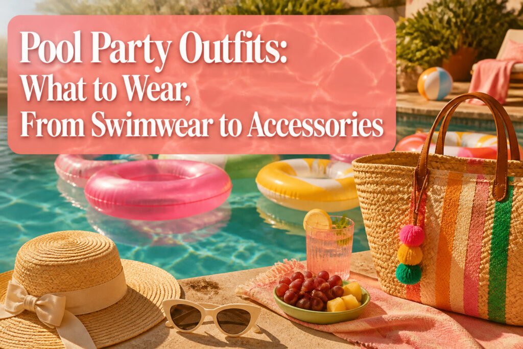 A vibrant poolside setting with various summer outfits displayed.