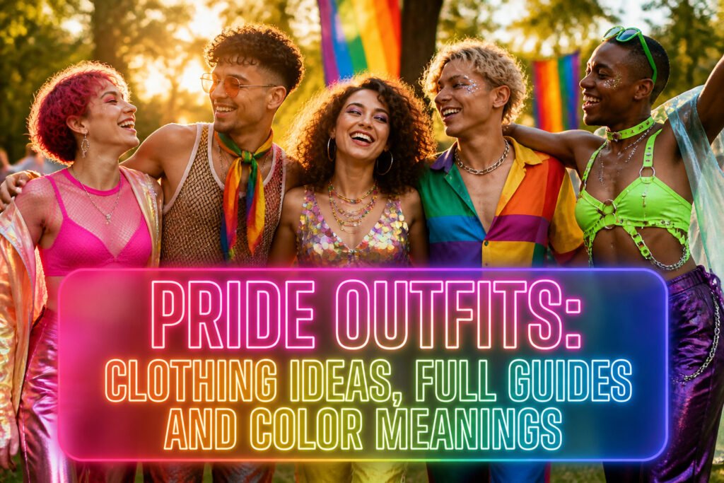 A variety of pride outfits arranged with colorful elements and accessories.