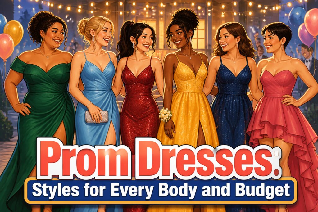 A display of various prom dresses showcasing different styles and colors.