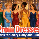 A display of various prom dresses showcasing different styles and colors.