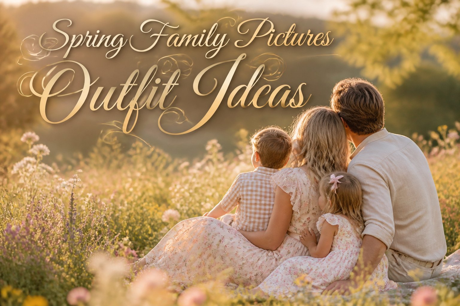 Family dressed in coordinated spring outfits, showcasing light colors and textures.
