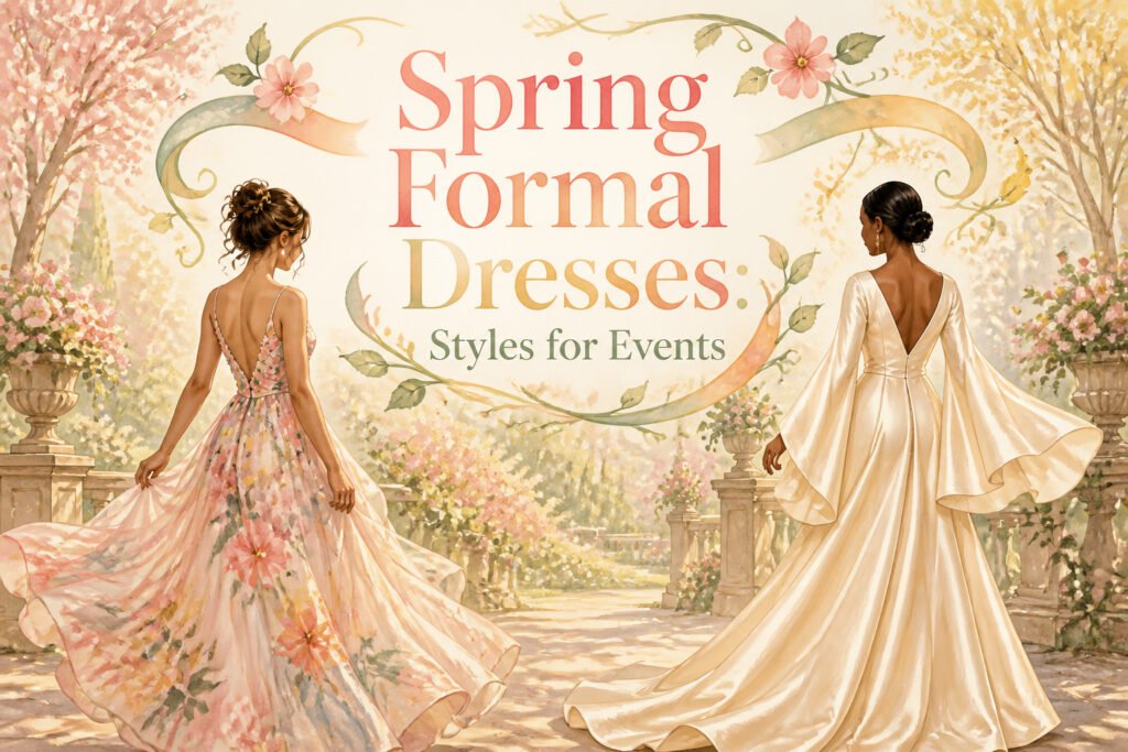 A collection of spring formal dresses in various styles and colors.