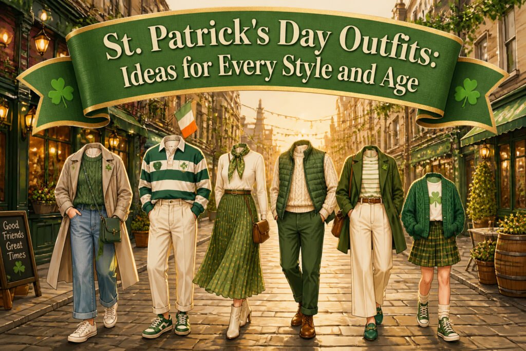 A variety of St. Patrick's Day outfits displayed on models.