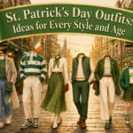 A variety of St. Patrick's Day outfits displayed on models.