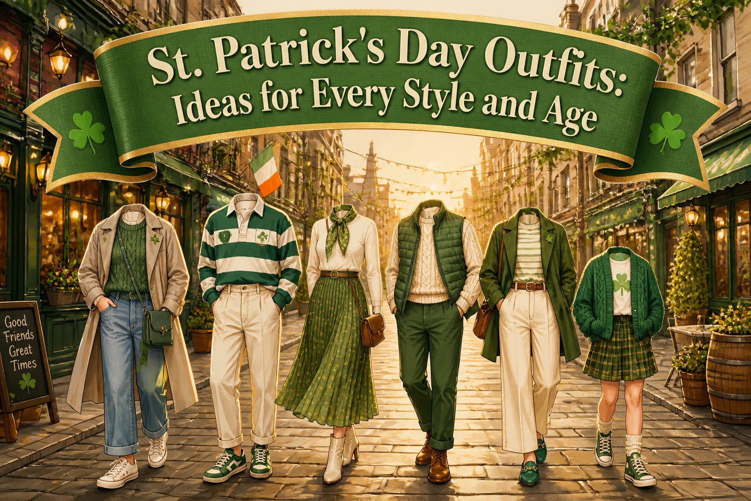 A variety of St. Patrick's Day outfits displayed on models.