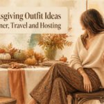 Thanksgiving table with decorations and various outfit ideas displayed.