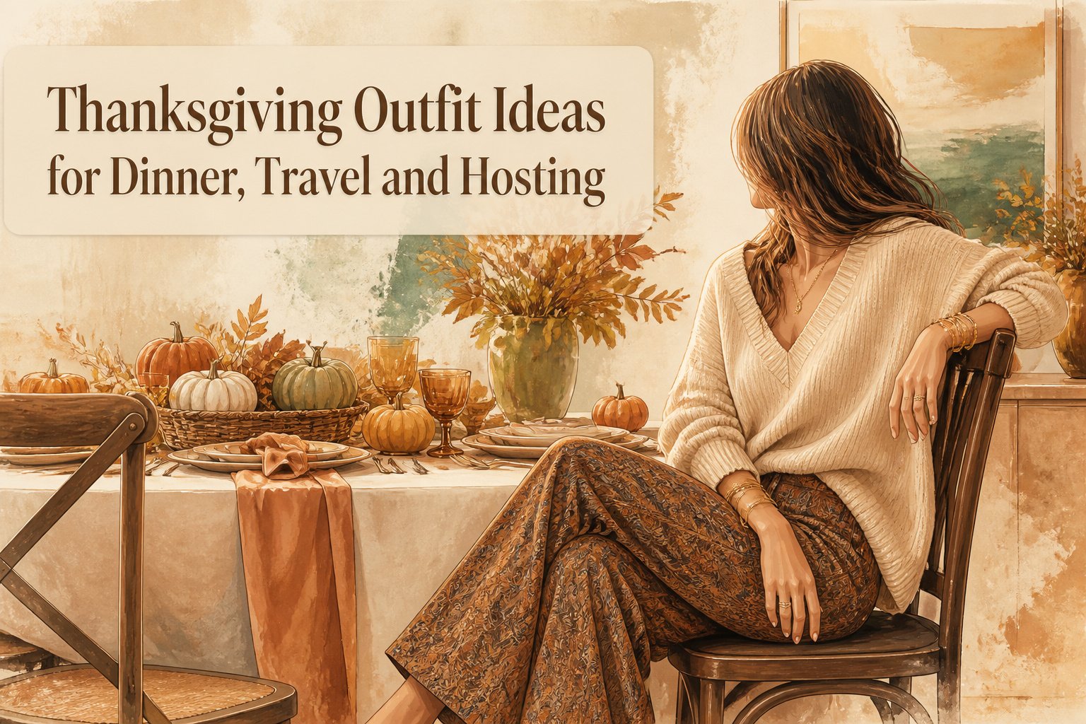 Thanksgiving table with decorations and various outfit ideas displayed.