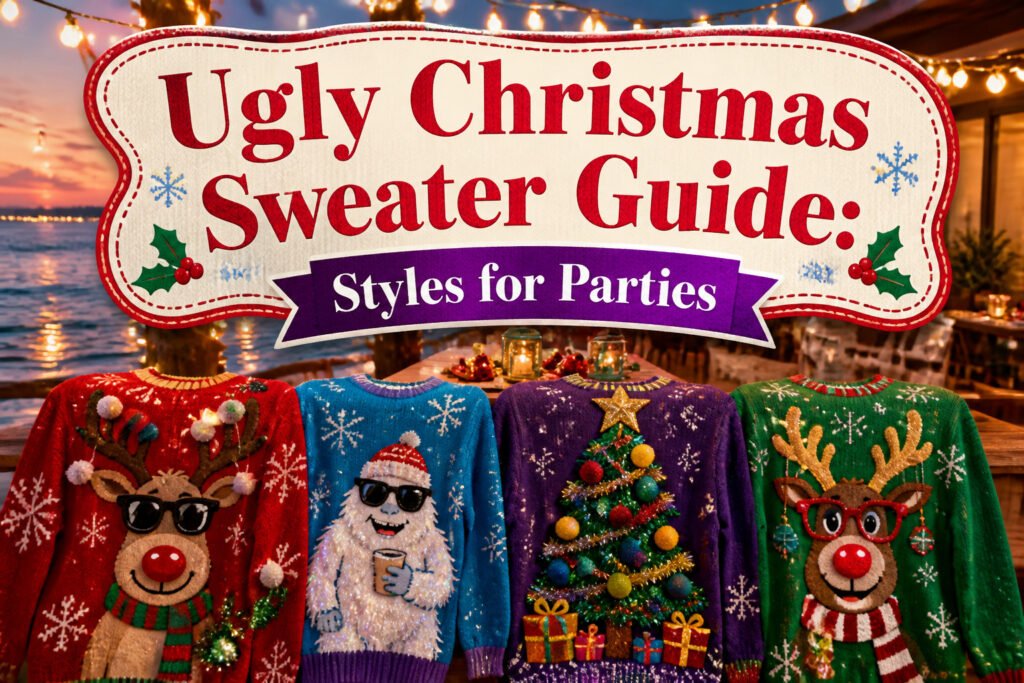 Colorful ugly Christmas sweaters arranged against a holiday-themed background.