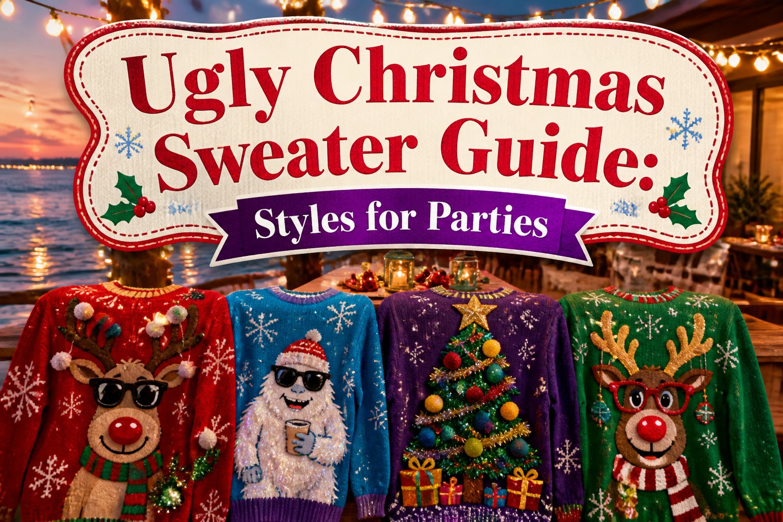 Colorful ugly Christmas sweaters arranged against a holiday-themed background.