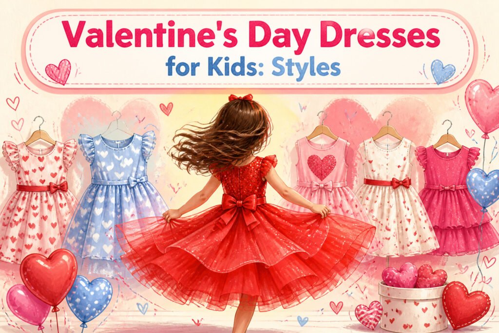 Various Valentine's Day dresses for children displayed together.