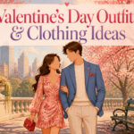 A variety of Valentine's Day outfits displayed on a wooden surface.