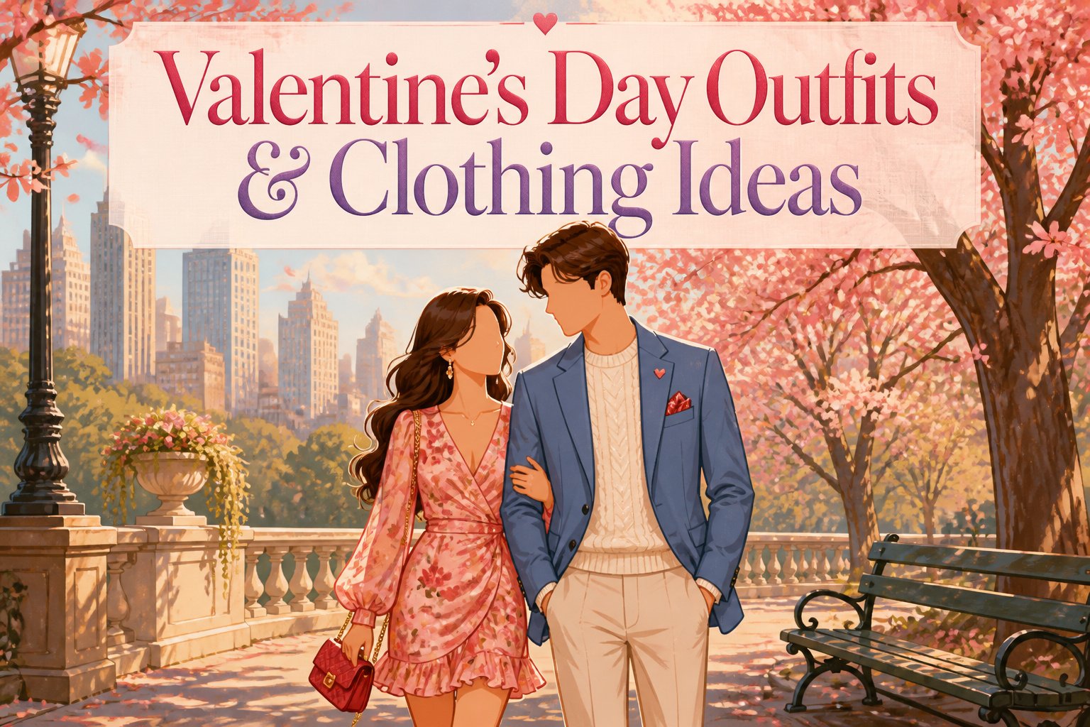 A variety of Valentine's Day outfits displayed on a wooden surface.