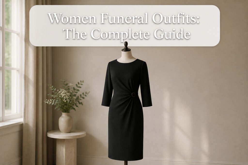 Various women's funeral outfits displayed in dark colors.