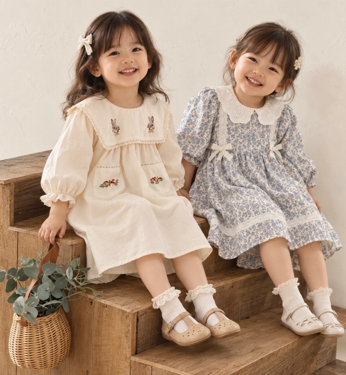 Two smiling toddler girls sitting on wooden steps wearing floral cotton dresses and cute shoes.